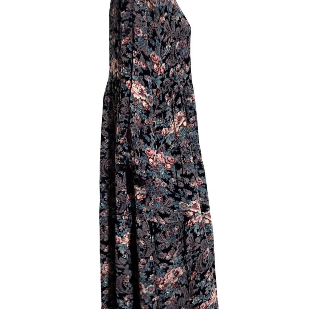 Vintage Nostalgia Floral Tiered Boho Maxi Midi Dress M Black Multicolor Gauzy 10 - Picture 11 of 16